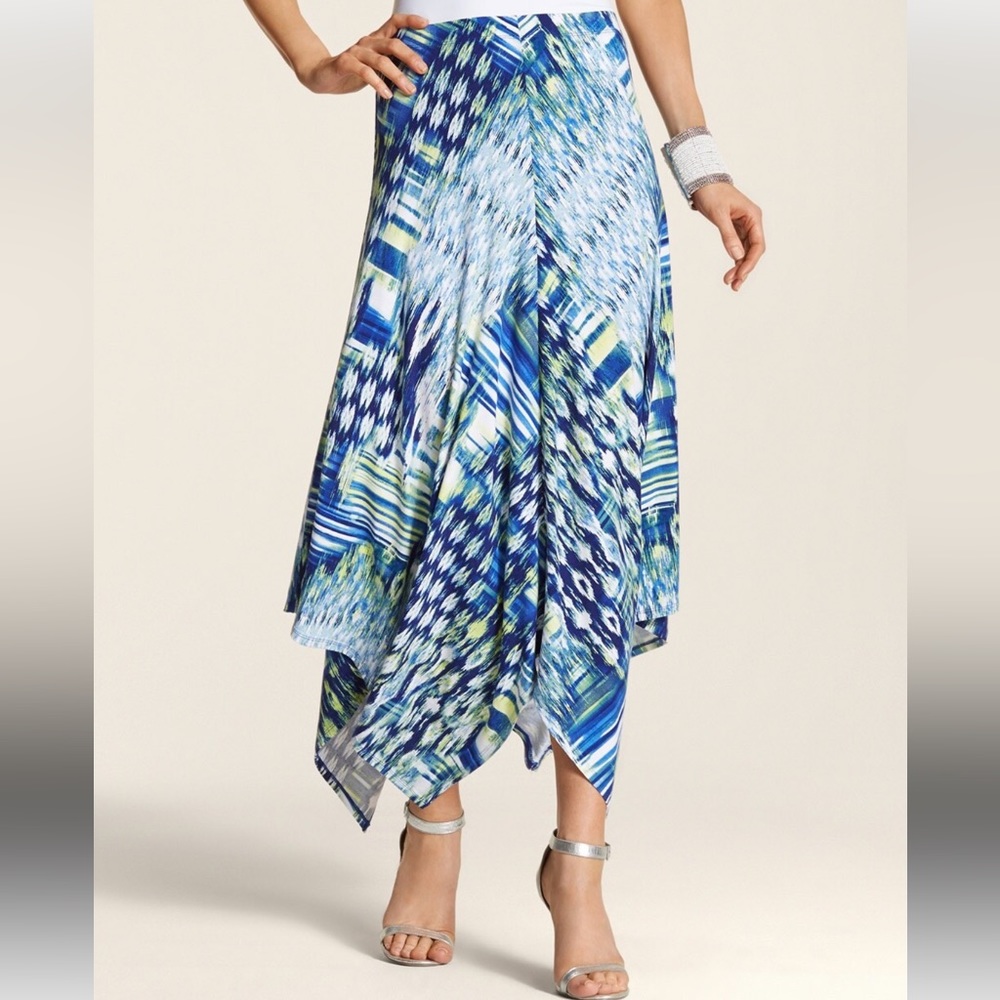 Chicos Hailey Hanky Blue Maxi Skirt Ikat Print Stretch Knit Size 2 Large/Xl EUC - Picture 2 of 13